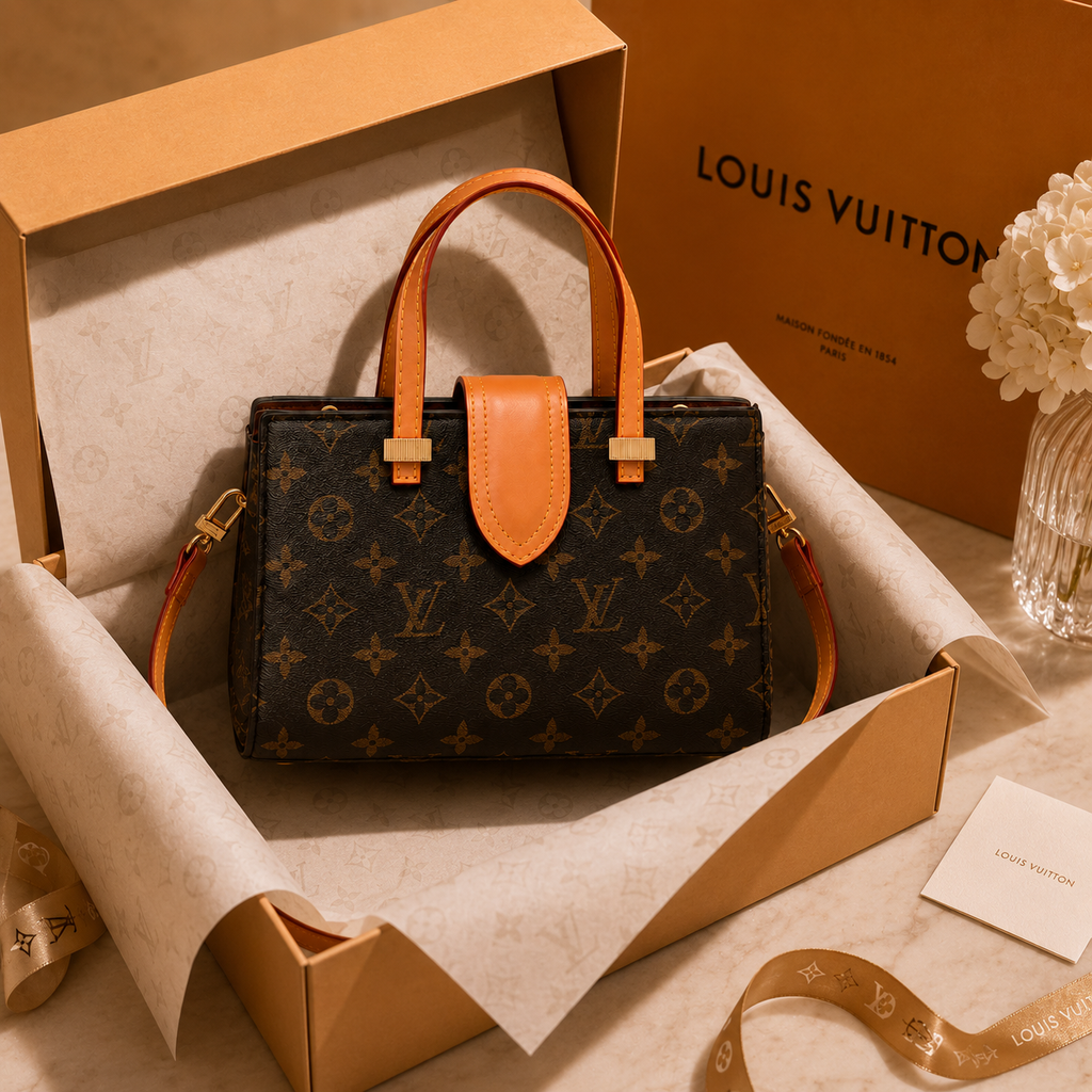 Luxury monogram handbag presented inside elegant packaging box with premium tissue paper and ribbon styling for luxury unboxing experience.