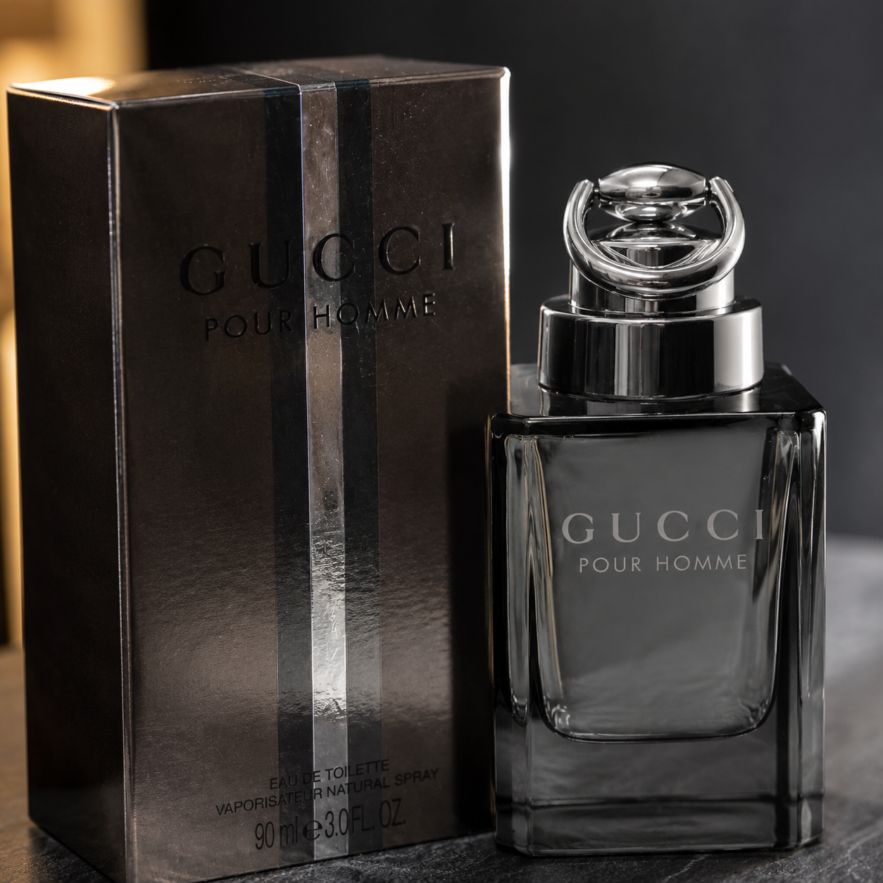 Close-up view of luxury men's fragrance bottle showcasing premium materials, refined finishing, elegant design, and sophisticated craftsmanship.