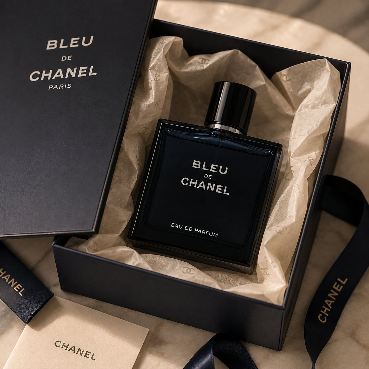 Luxury men's eau de parfum presented in premium gift packaging with elegant tissue paper and sophisticated unboxing presentation.