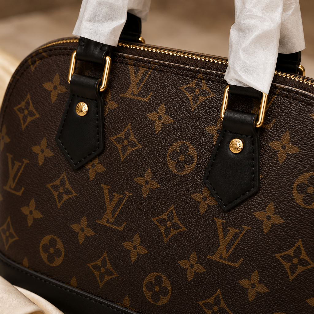 Close-up of luxury monogram dome handbag showcasing premium textured material, fine stitching, and gold-tone hardware.