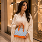 Close-up luxury handbag image showing premium monogram texture, stitching, and elegant gold-tone hardware