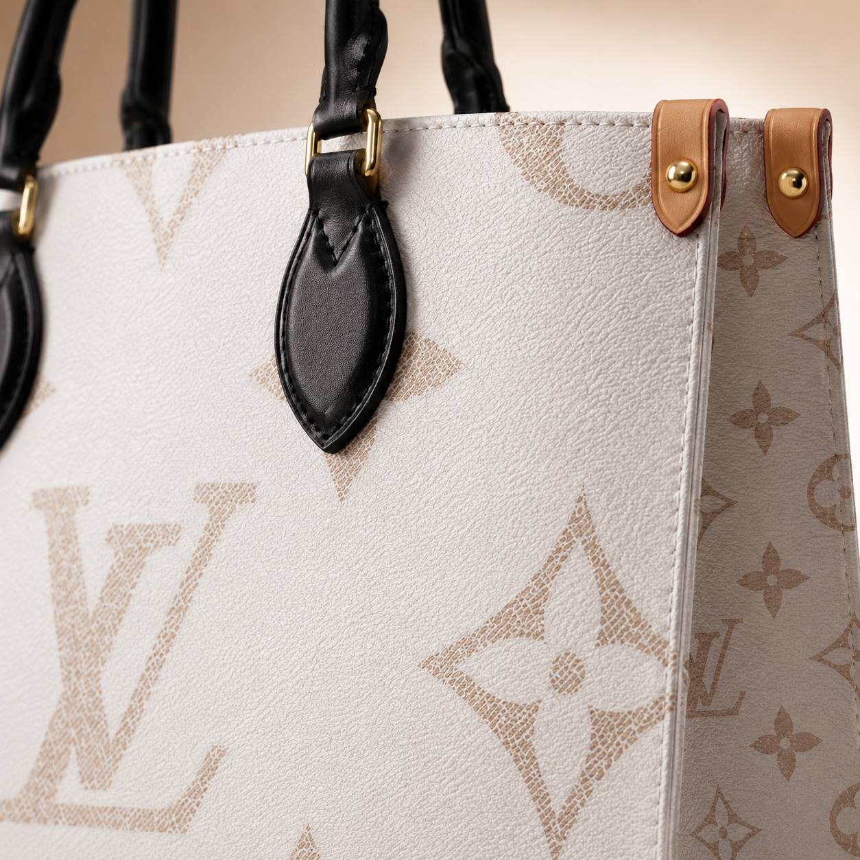 Close-up of a Louis Vuitton handbag with monogram pattern