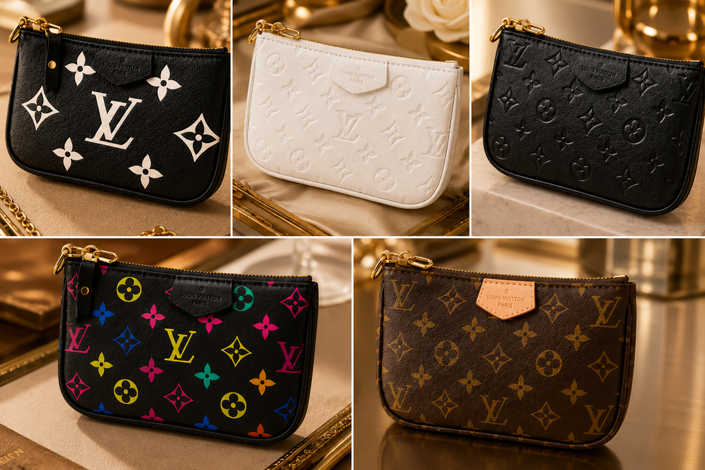 Close-up view of a luxury women's wristlet pouch highlighting premium texture, stitching, and gold hardware.
