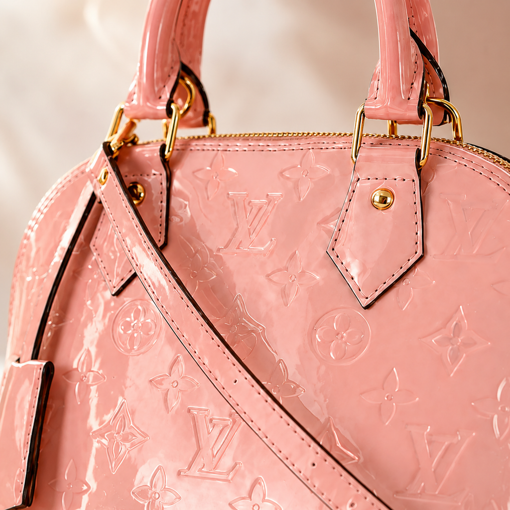 Close-up view of pink luxury handbag showing embossed texture, glossy patent leather finish, gold hardware, and premium stitching details.