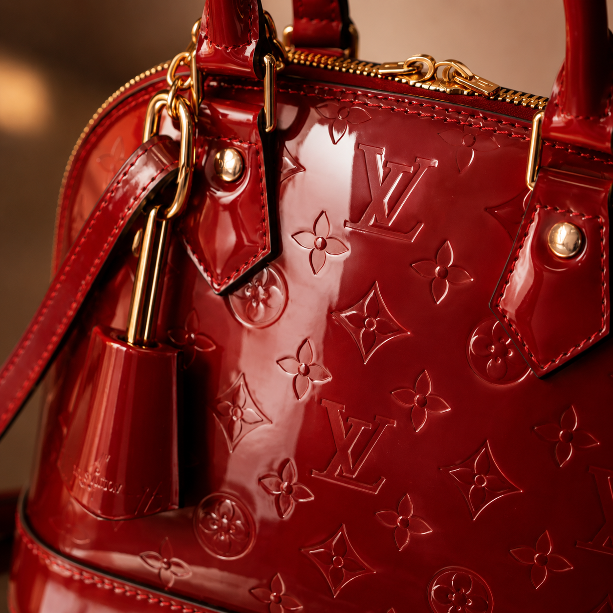 Close-up macro view of luxury red patent leather handbag showing embossed texture, stitching, and gold hardware.