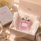 Luxury perfume presented in premium gift box with tissue paper and ribbon creating an elegant unboxing experience