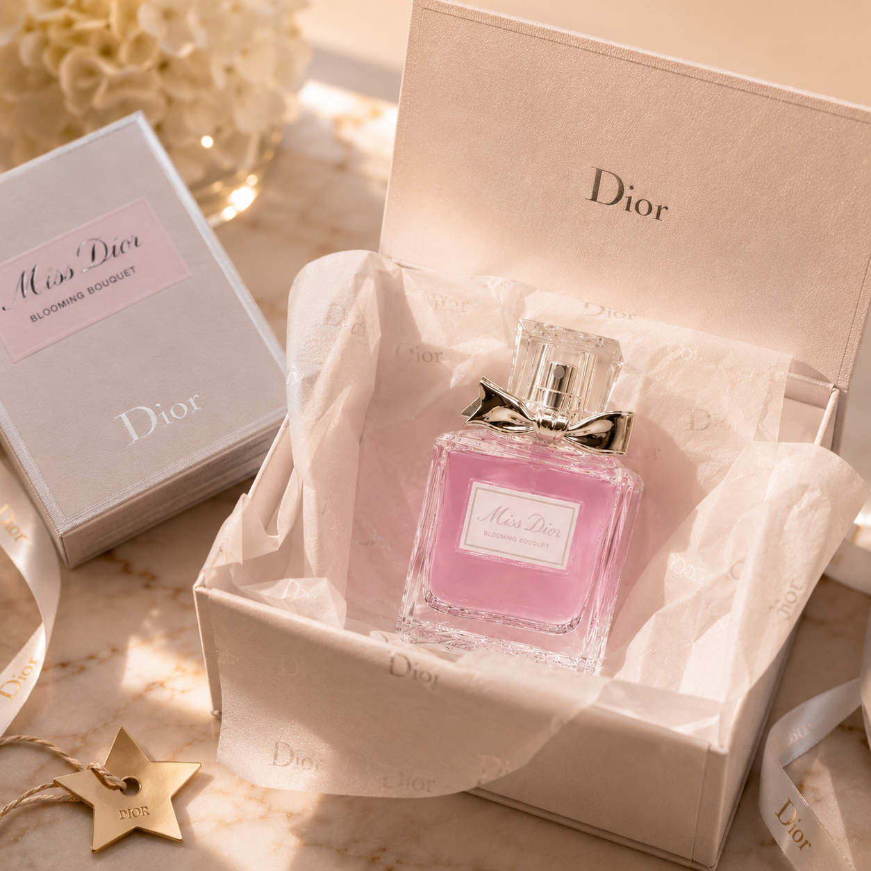 Luxury perfume presented in premium gift box with tissue paper and ribbon creating an elegant unboxing experience