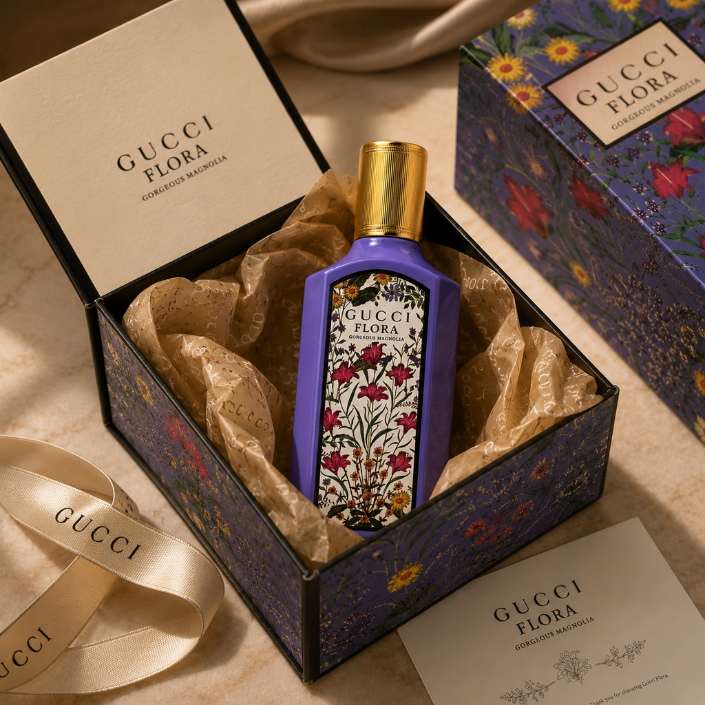 Luxury floral perfume presented in premium gift box with ribbon and tissue paper