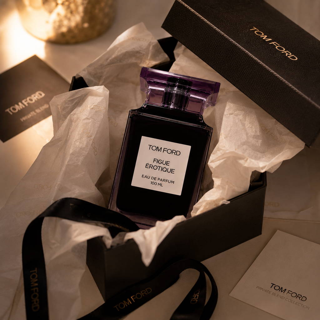 Luxury Eau de Parfum presented in premium gift packaging with tissue paper and ribbon, elegant unboxing experience for UAE luxury shoppers