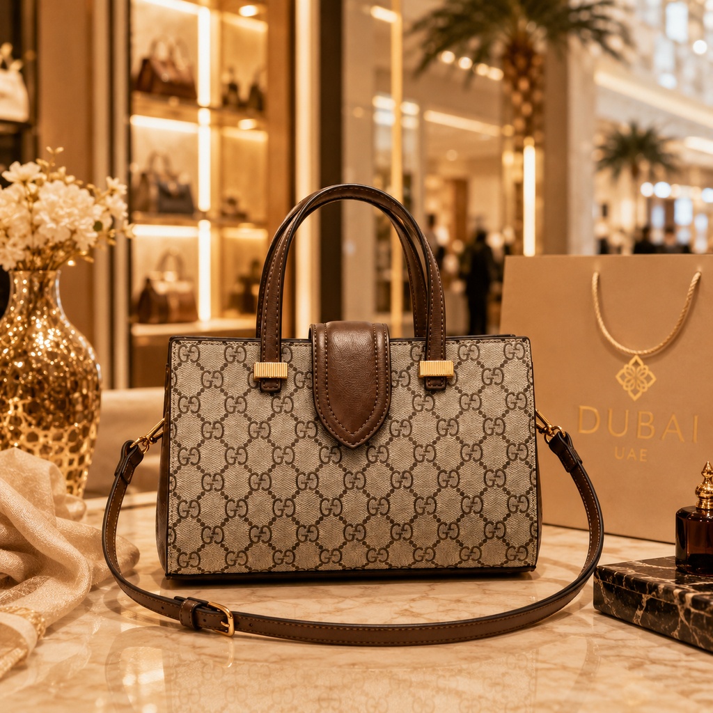 Structured luxury monogram handbag with brown leather trim and elegant gold hardware details