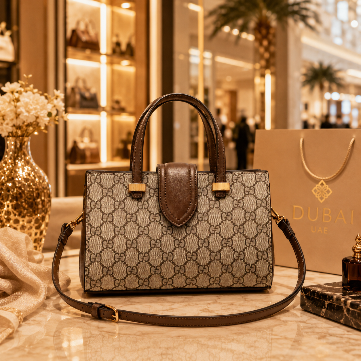 Structured luxury monogram handbag with brown leather trim and elegant gold hardware details