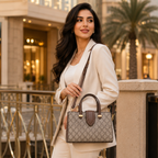 Premium beige and brown women’s tote bag with luxury monogram pattern and crossbody strap