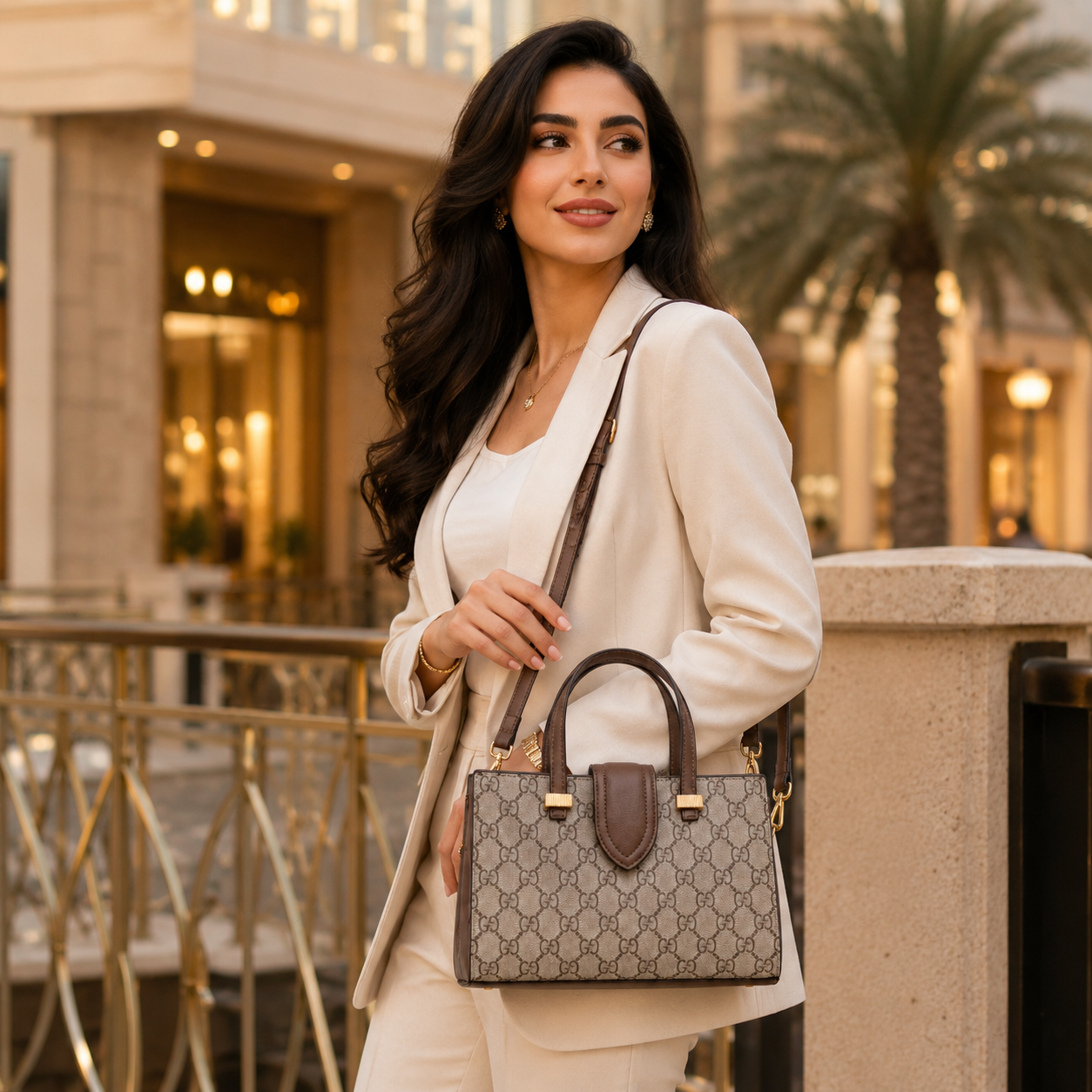 Premium beige and brown women’s tote bag with luxury monogram pattern and crossbody strap