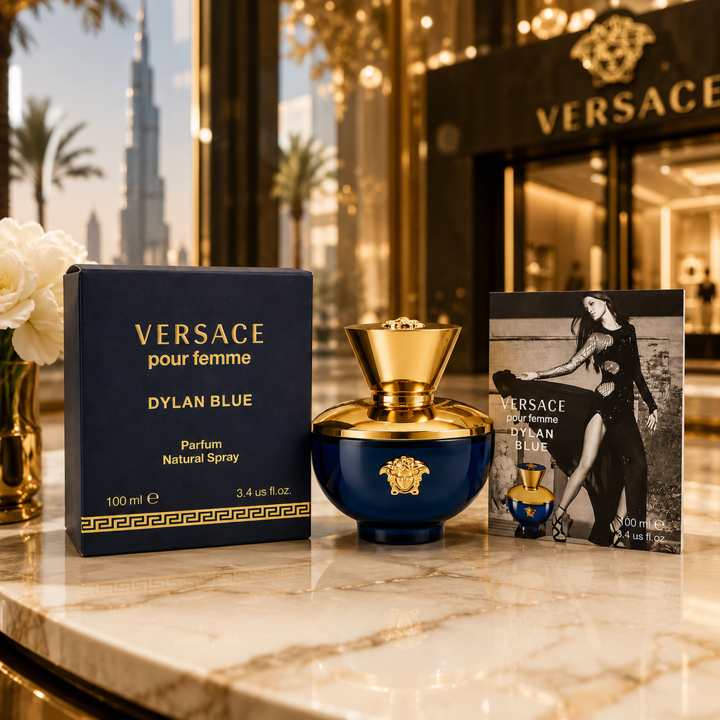 Premium women's fragrance bottle in blue and gold luxury design for UAE shoppers