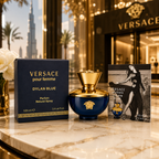 Premium women's fragrance bottle in blue and gold luxury design for UAE shoppers