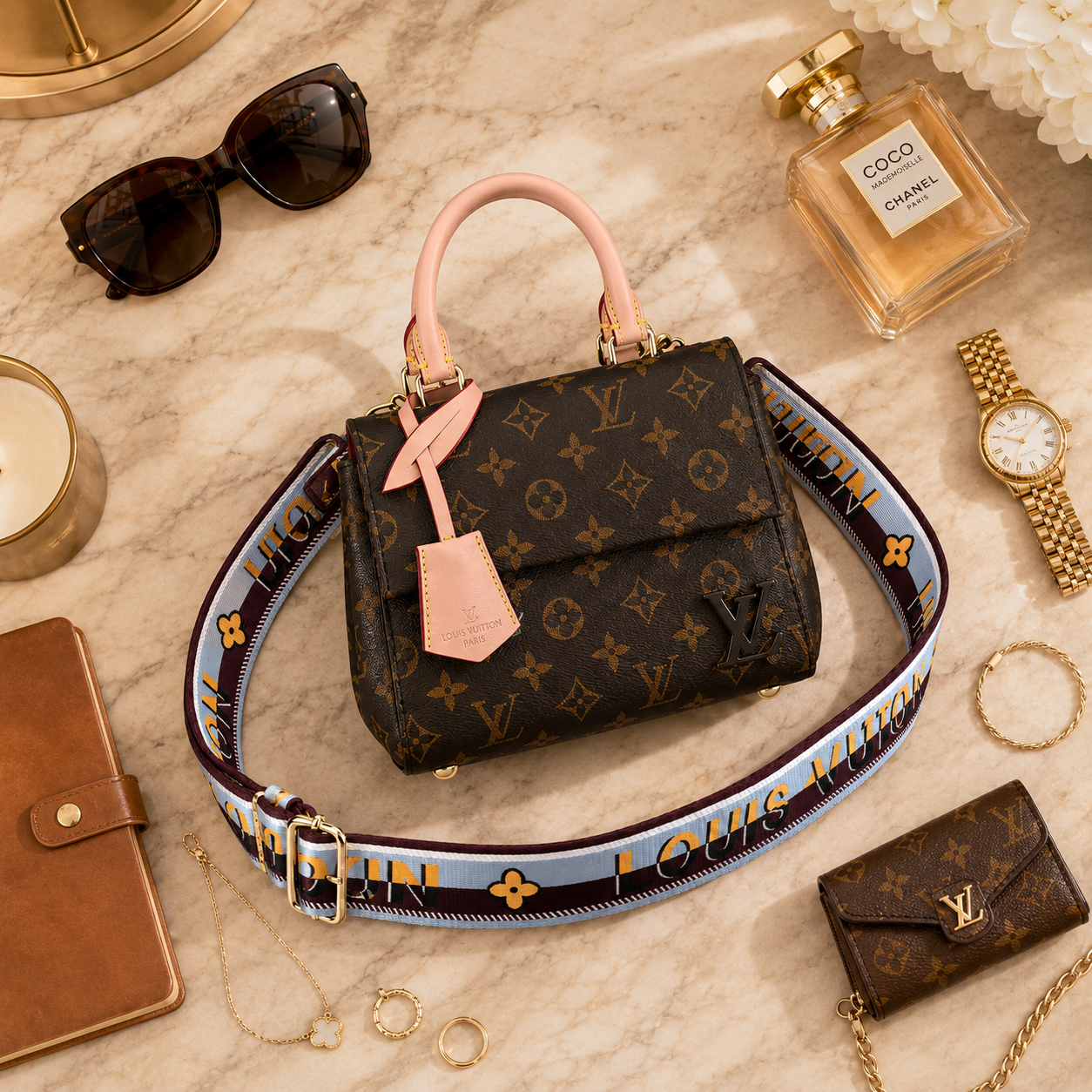 Luxury handbag flatlay with sunglasses, perfume, jewelry, watch, and fashion accessories on marble background
