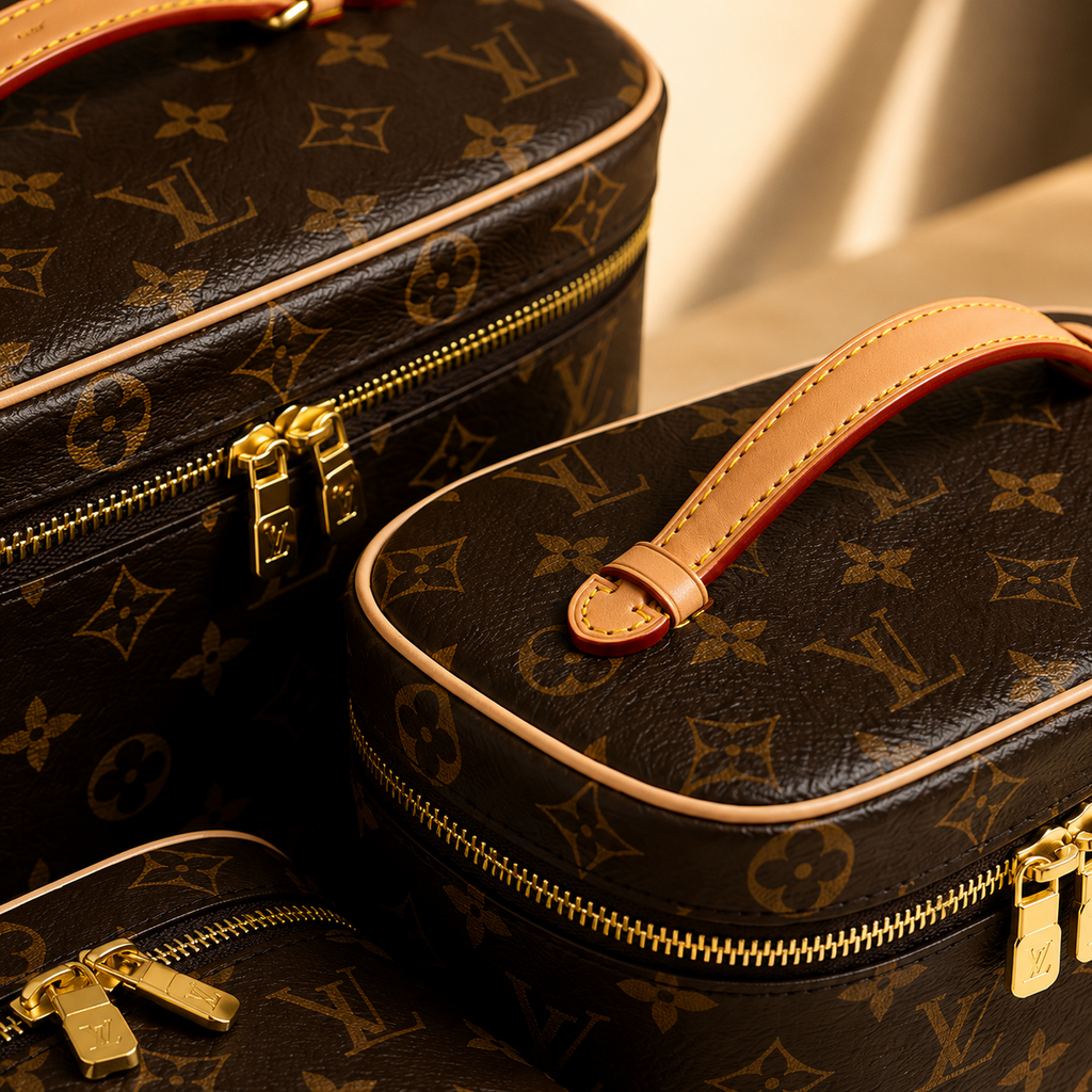 Premium women’s travel makeup bag set with luxury monogram design