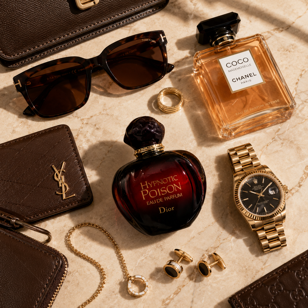 Luxury women's fragrance arranged with sunglasses, jewelry, watch, and premium fashion accessories in elegant flat lay.