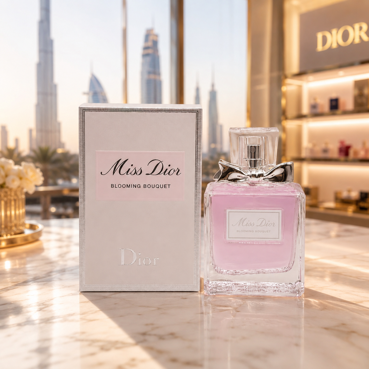 Elegant women's floral perfume displayed in a luxury Dubai-inspired boutique environment with premium styling