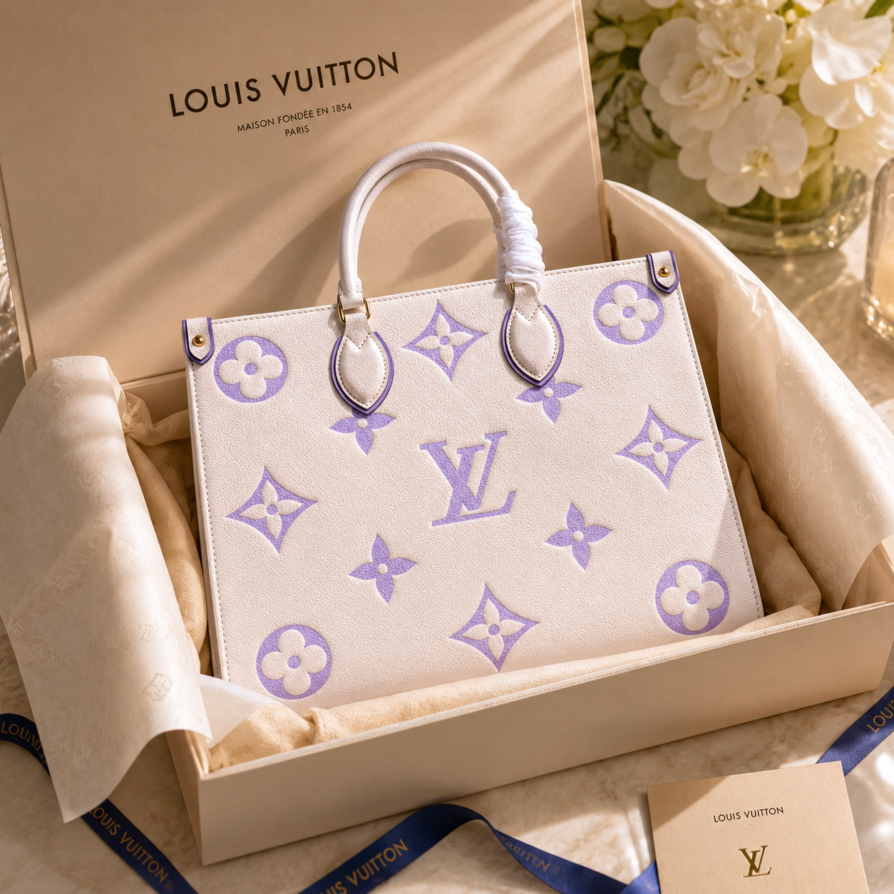Louis Vuitton handbag with purple monogram pattern in a branded box.