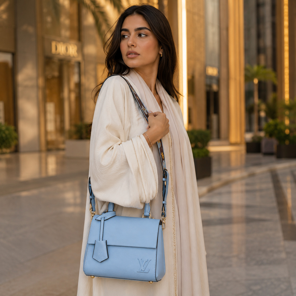 Modern women’s luxury shoulder bag in sky blue with structured silhouette and premium finish.