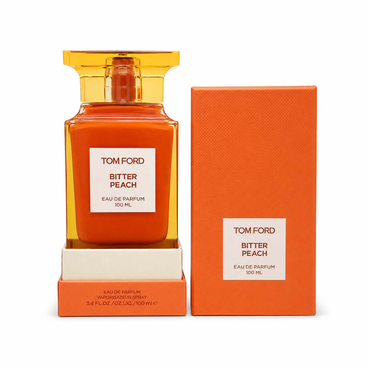 Tom Ford Bitter Peach Eau De Parfum 100ml luxury fragrance bottle with retail box on pure white background