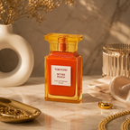 Tom Ford Bitter Peach perfume displayed on a marble surface with luxury accessories and sophisticated editorial styling