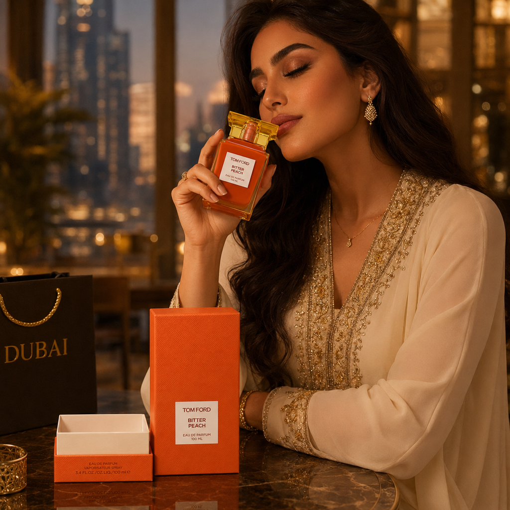 Elegant fashion-inspired lifestyle image featuring Tom Ford Bitter Peach Eau De Parfum in a luxury setting
