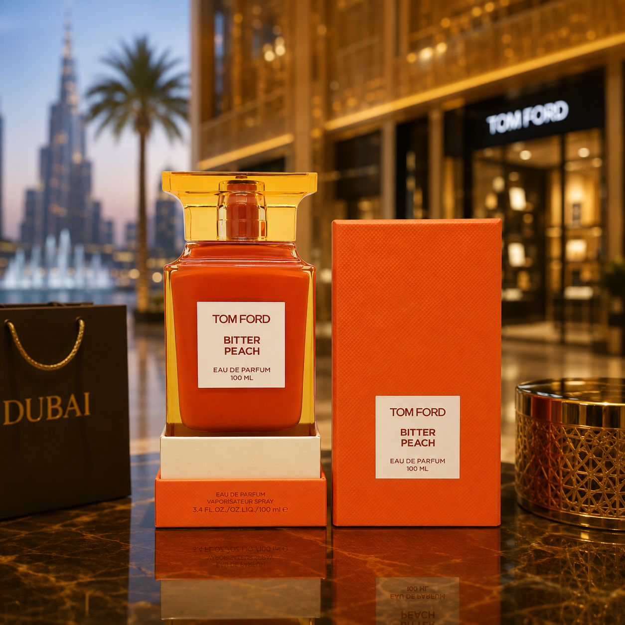 Tom Ford Bitter Peach Eau De Parfum displayed in a luxury Dubai-inspired boutique setting with elegant golden lighting