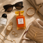 Luxury flatlay featuring Tom Ford Bitter Peach perfume with sunglasses, jewelry, watch, and premium fashion accessories