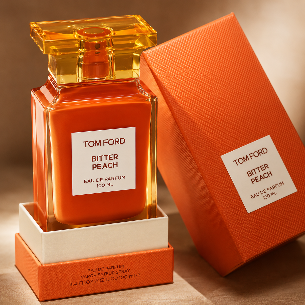 Close-up view of Tom Ford Bitter Peach perfume bottle showcasing premium craftsmanship, texture, and luxury finishing