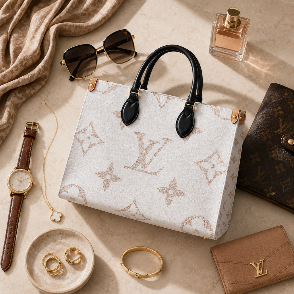 Louis Vuitton handbag with sunglasses, watch, and jewelry on a beige surface