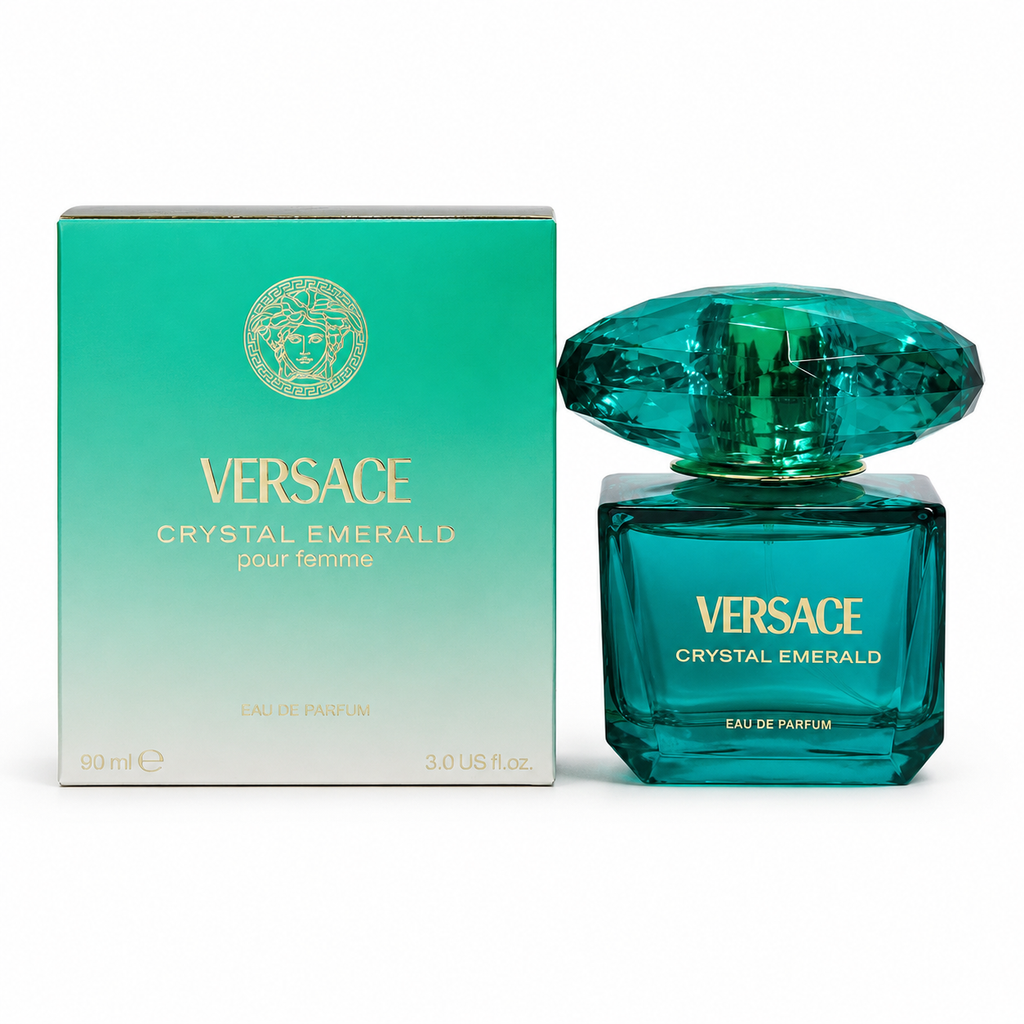 Versace Crystal Emerald Eau De Parfum 90ml luxury women's perfume bottle and box on a white background.