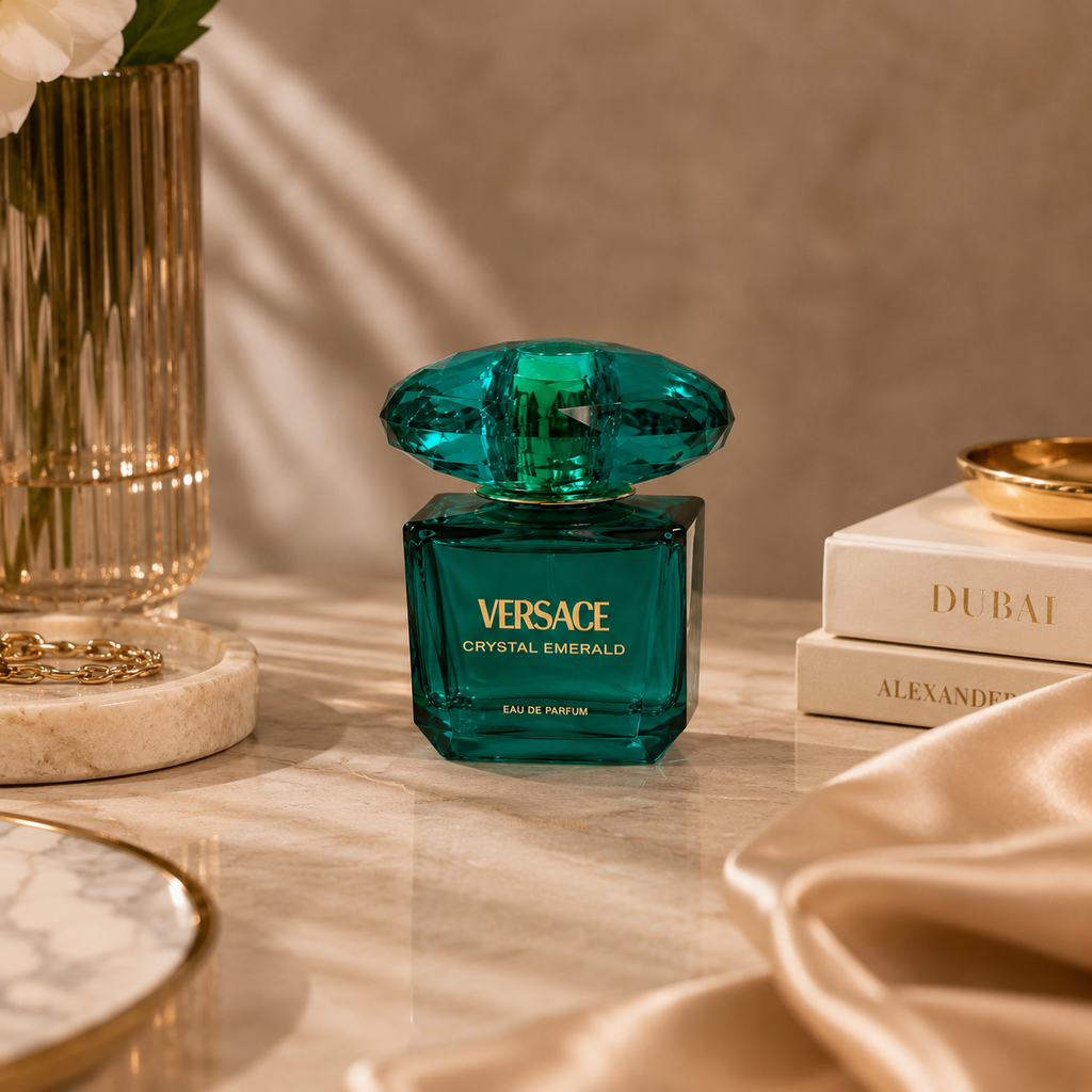 Versace Crystal Emerald perfume bottle styled on a marble surface with luxury accessories and elegant décor.