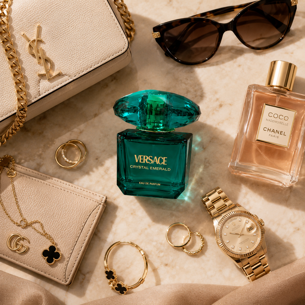 Versace Crystal Emerald Eau De Parfum surrounded by luxury fashion accessories including sunglasses, jewelry and watch.
