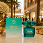 Versace Crystal Emerald Eau De Parfum displayed in a luxury Dubai-inspired boutique with elegant golden lighting.