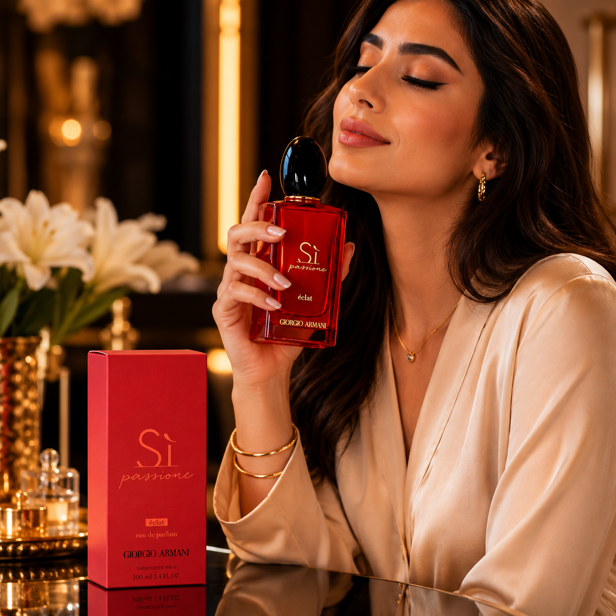 Luxury women's perfume featured in a premium fashion campaign with elegant styling and modern UAE luxury lifestyle.