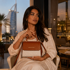 Elegant woman holding luxury monogram handbag in upscale Dubai fashion lifestyle setting with premium evening aesthetic.