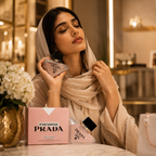 Elegant woman holding luxury floral perfume in a premium fashion-inspired setting with sophisticated lifestyle appeal.