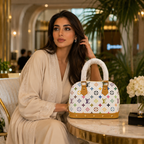 Elegant woman carrying a luxury multicolor top handle handbag in a modern UAE luxury lifestyle setting