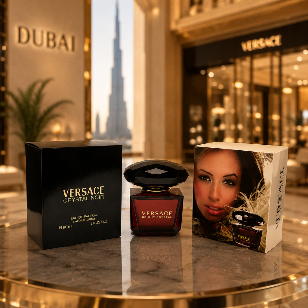 Luxury women's perfume displayed in an elegant Dubai-inspired boutique setting with premium lighting and sophisticated luxury atmosphere.