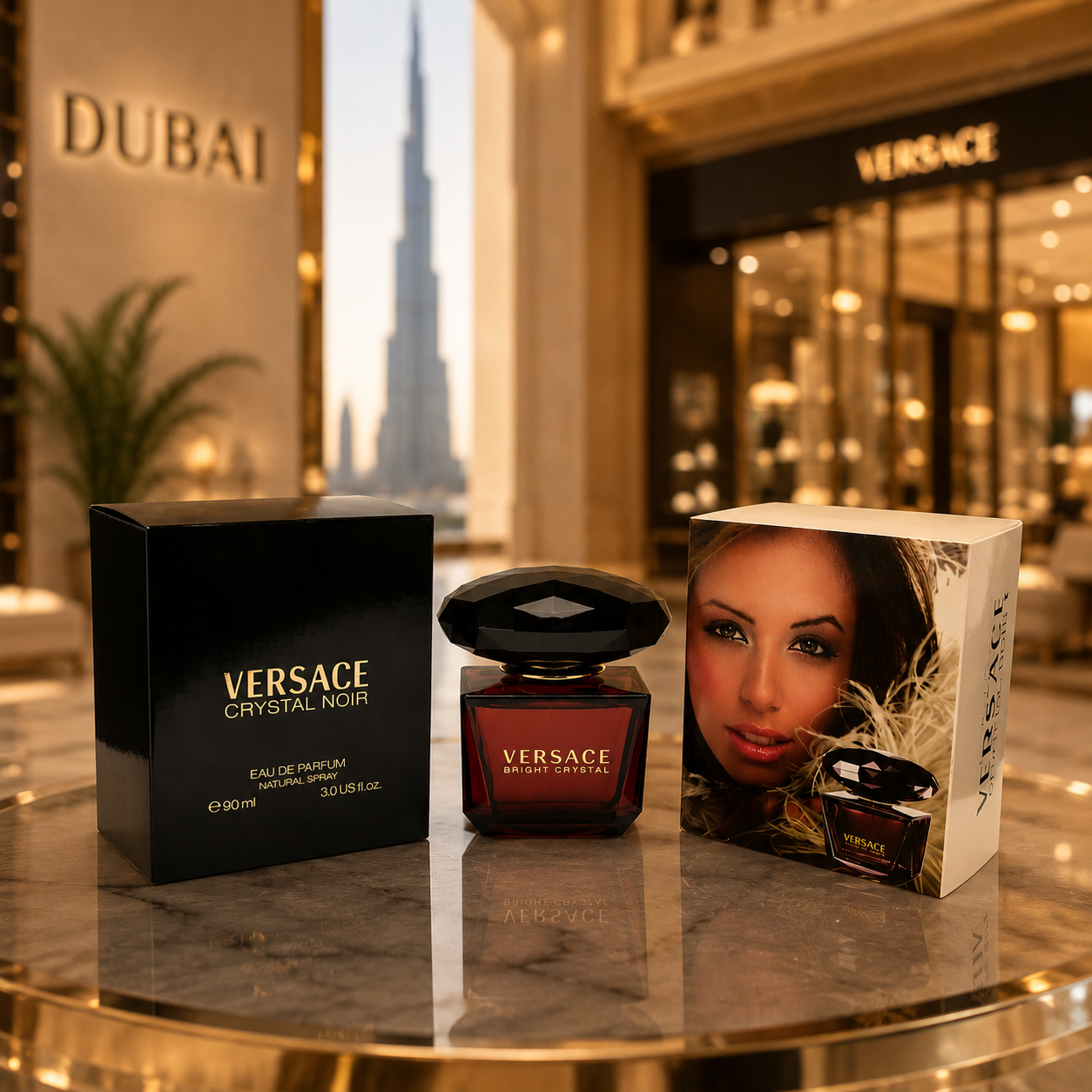 Luxury women's perfume displayed in an elegant Dubai-inspired boutique setting with premium lighting and sophisticated luxury atmosphere.