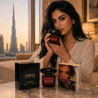 Elegant woman holding luxury perfume in a premium fashion lifestyle setting, showcasing sophistication and feminine elegance.