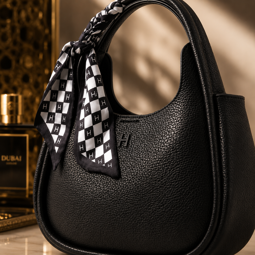 A black pebbled leather handbag with a black-and-white checkered scarf tied to the handle, photographed in a warm, upscale interior setting.