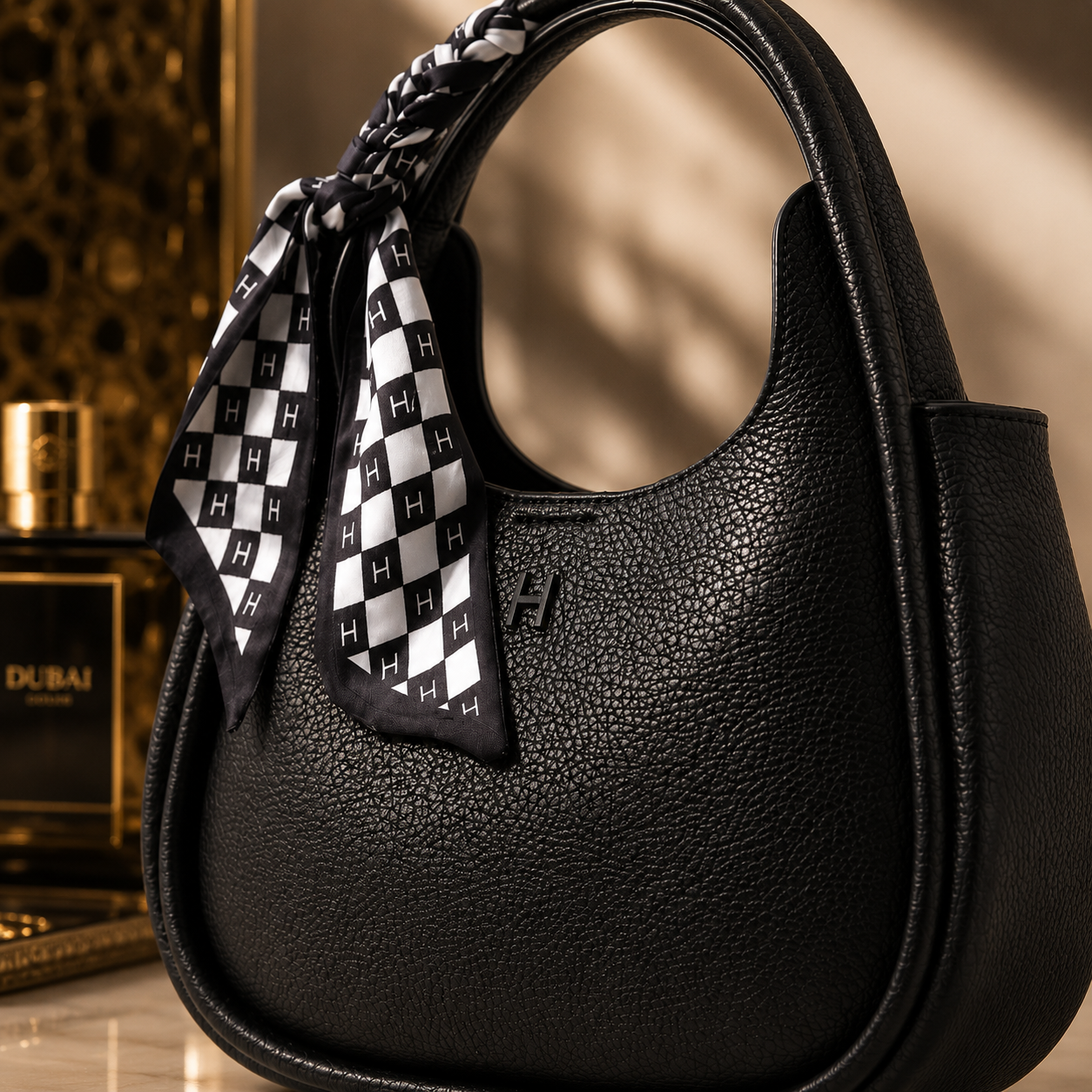 A black pebbled leather handbag with a black-and-white checkered scarf tied to the handle, photographed in a warm, upscale interior setting.