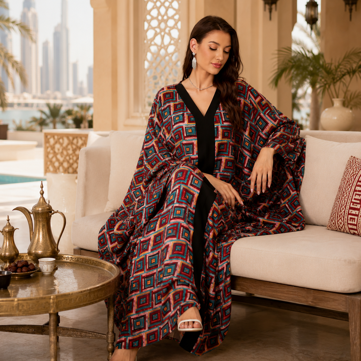 A woman sits on a white sofa in a luxurious indoor setting, wearing a long, flowing kaftan-style dress with a bold geometric pattern in red, blue, and black over a black slip dress. The background features a modern city skyline, decorative plants, and a brass coffee table.