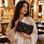 A woman in a cream-colored robe holds a black Louis Vuitton pouch decorated with a vibrant multicolor monogram pattern, set against a warm, blurred indoor background.