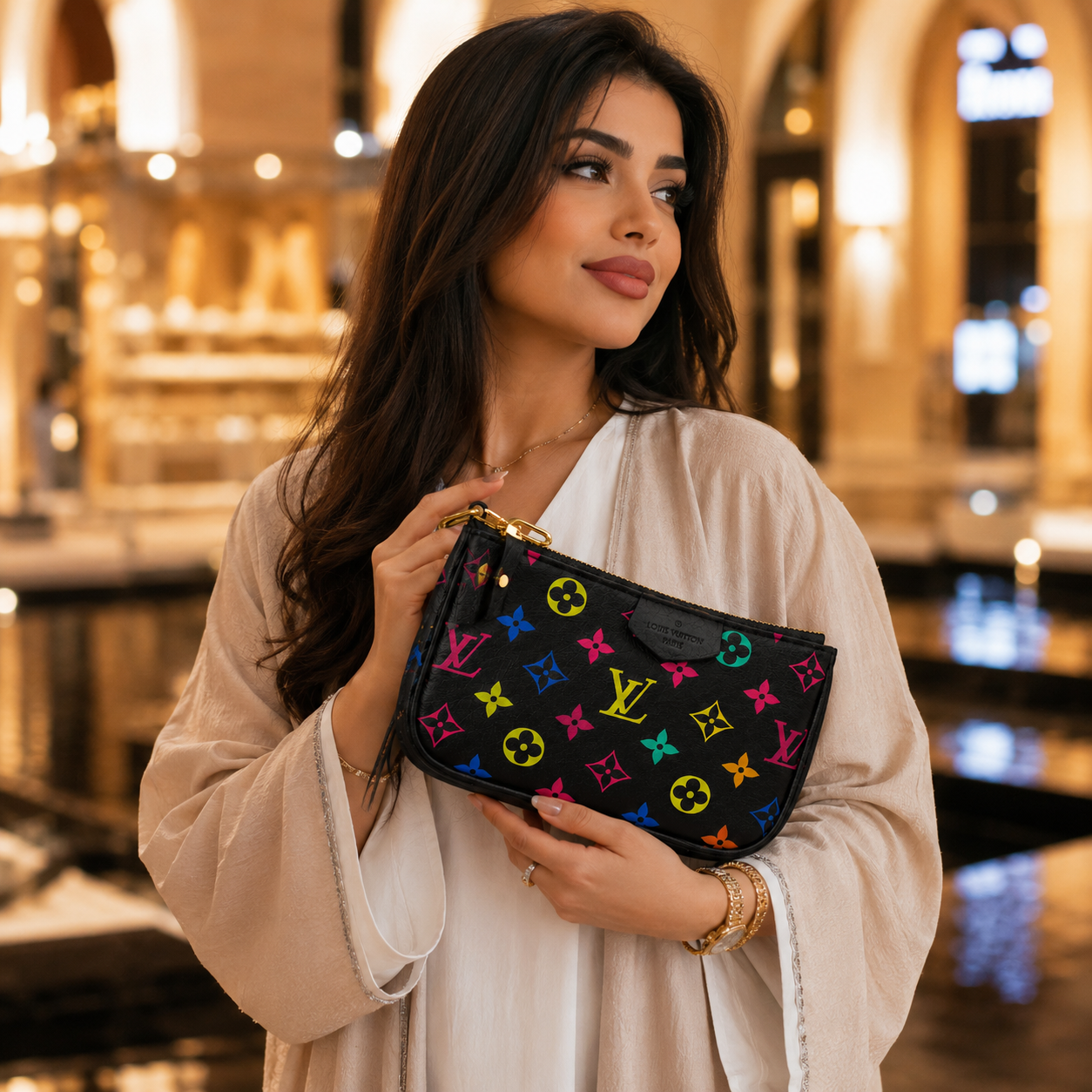 A woman in a cream-colored robe holds a black Louis Vuitton pouch decorated with a vibrant multicolor monogram pattern, set against a warm, blurred indoor background.