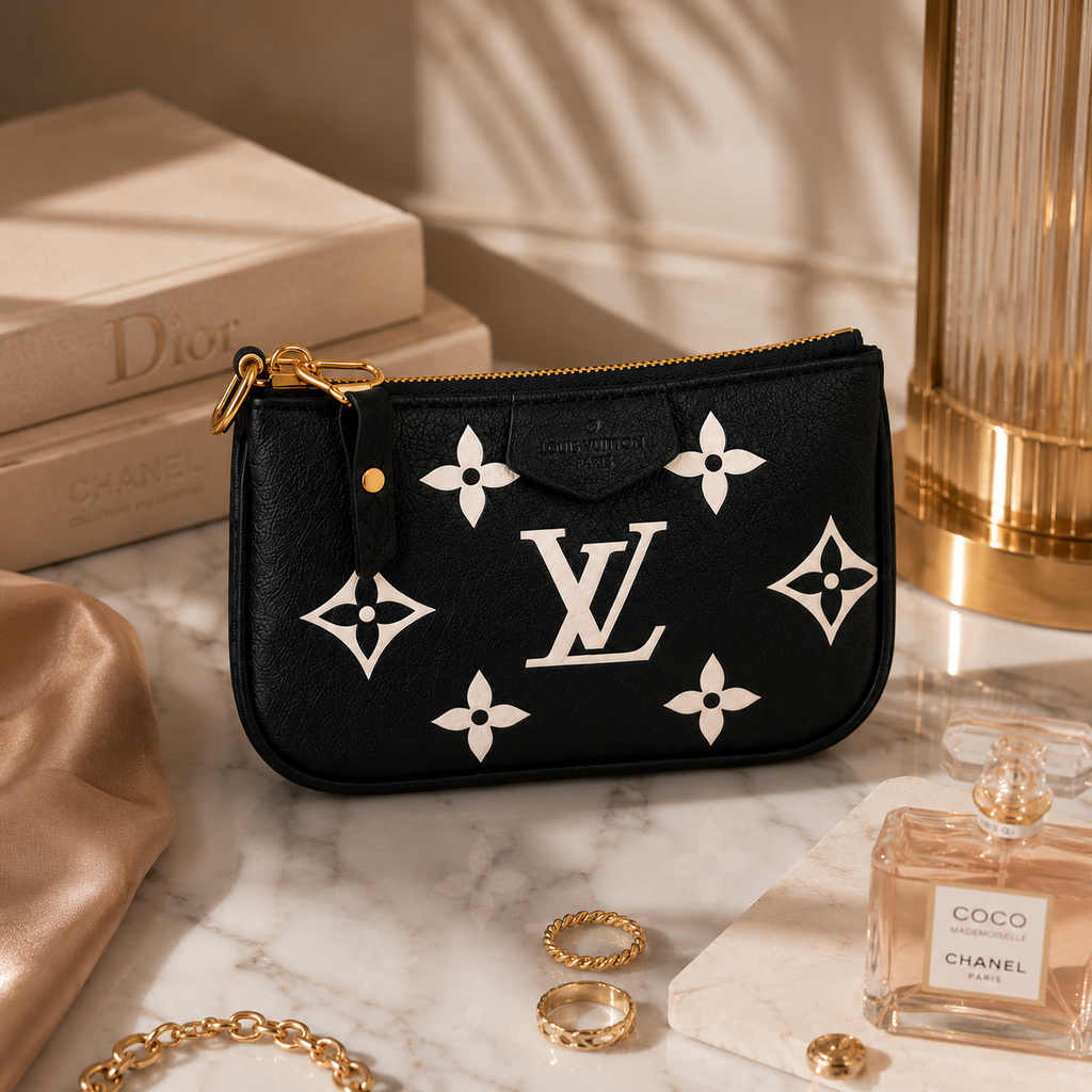 A black Louis Vuitton monogram pouch with gold hardware, styled on a marble surface with luxury props including a Dior book, Chanel perfume, and gold jewelry.