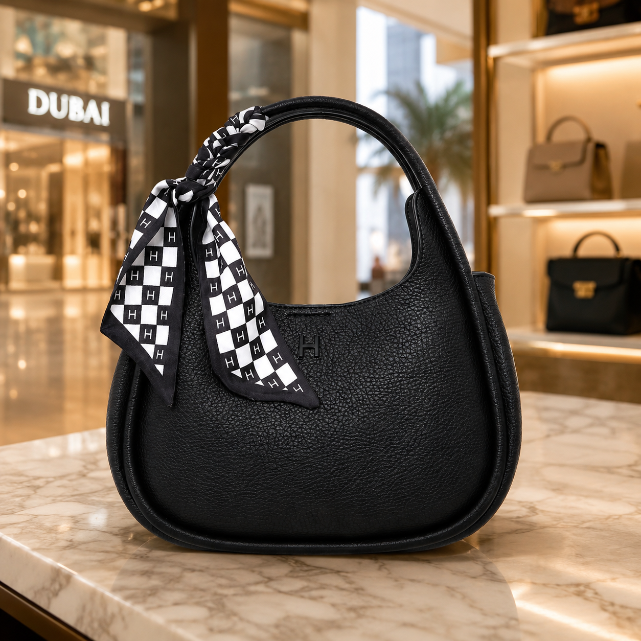A black pebbled leather hobo handbag with a top handle, featuring a black and white checkered scarf tied to the handle, displayed on a marble counter in a luxury boutique.